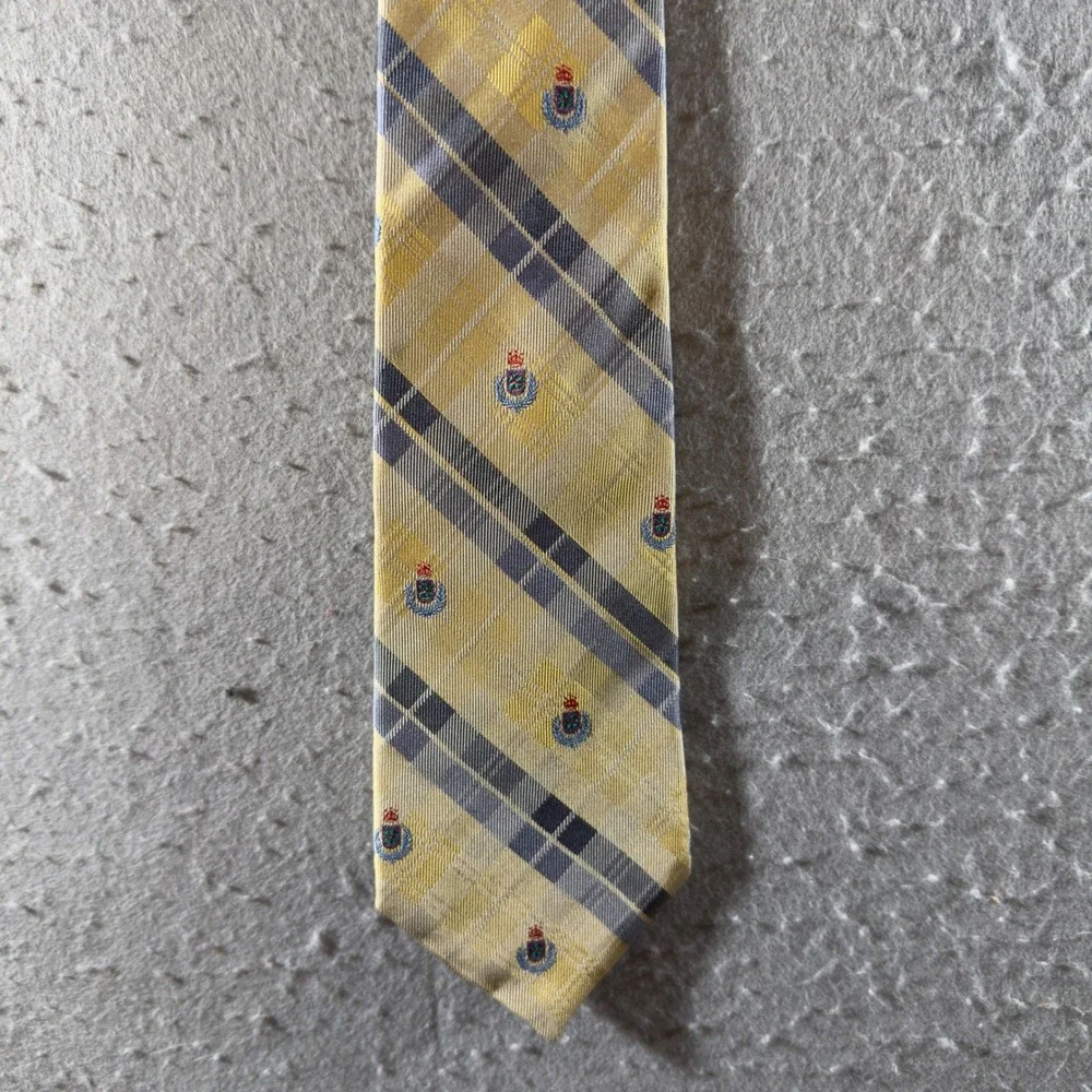 1417 | Harve Benard Silk Plaid Crest Embroidered Necktie Yellow Blue Mens OS